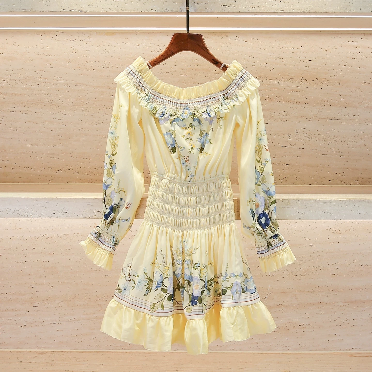 

2026 Spring Summer Slash Neck Beach Short Dress For Women Long Lantern Sleeve High Elastic Waist Floral Print Mini Vestidos