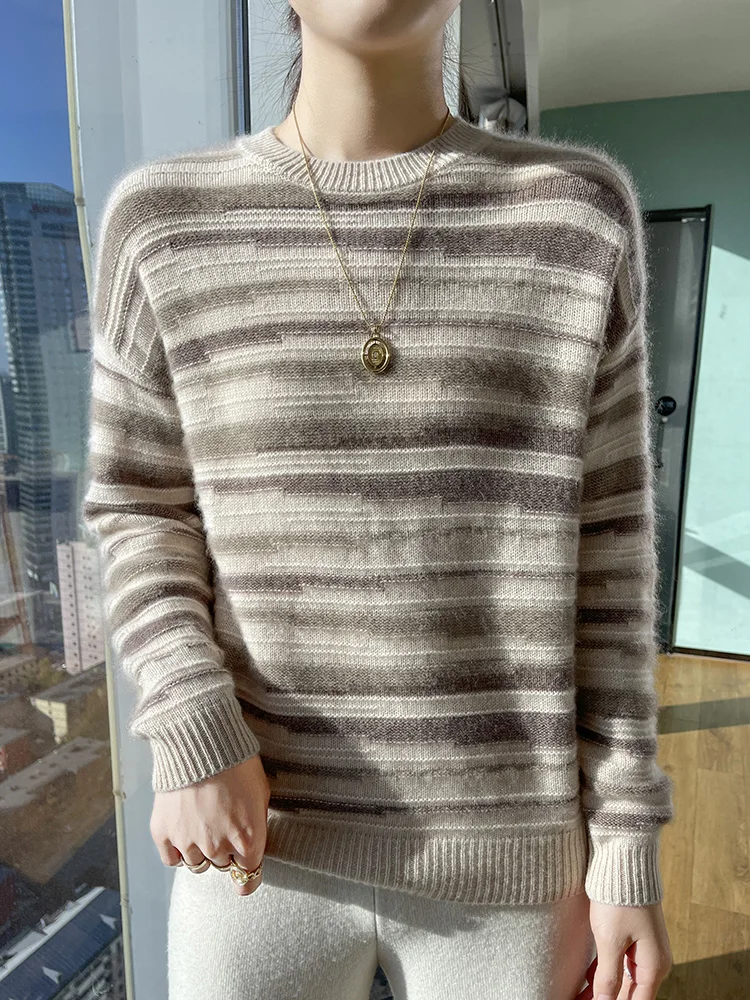 Women\'s O-neck Striped Pullover Sweater Autumn Winter 100% Merino Wool High Quality Soft Warm Knitwear Korean Popular Clothes