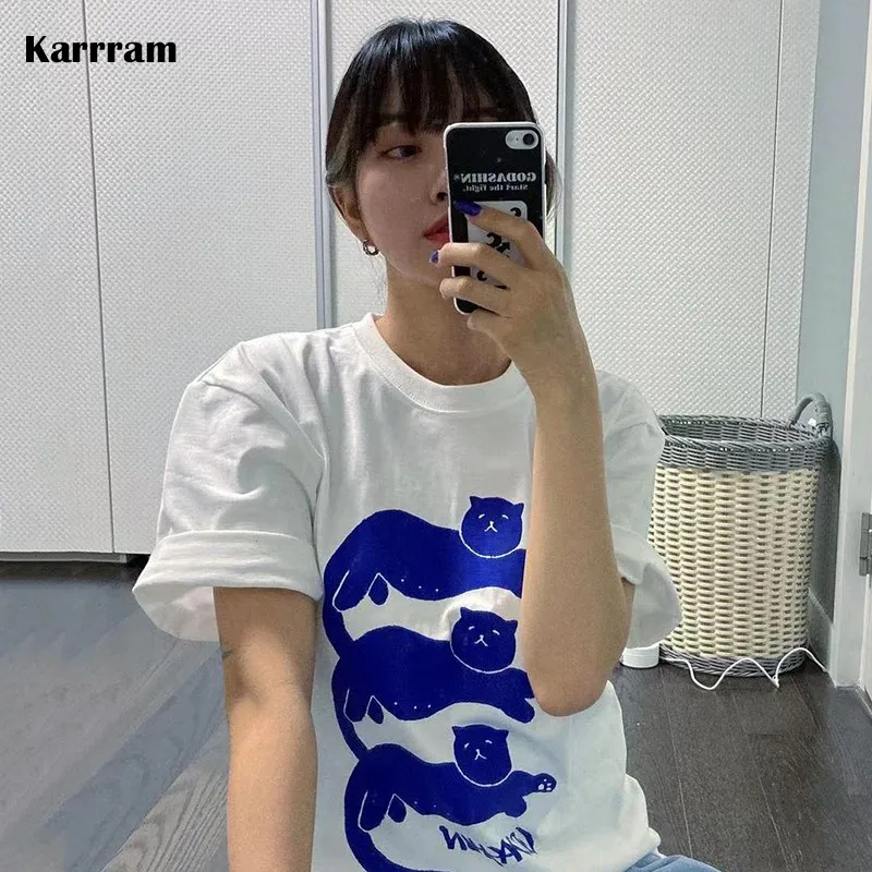 Karrram Koran Fashion Cat Printed Short Sleeve T-shirts Summer Fairycore White Oversized Tshirt Kawaii Cartoon Tops Loose Kpop