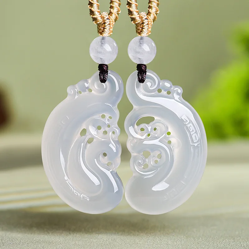 

Natural Jade Marrow White Agate Dragon & Phoenix Pendant Pair Hollow Design Ice Seed White Moonlight Couple Jewelry Drop Ship