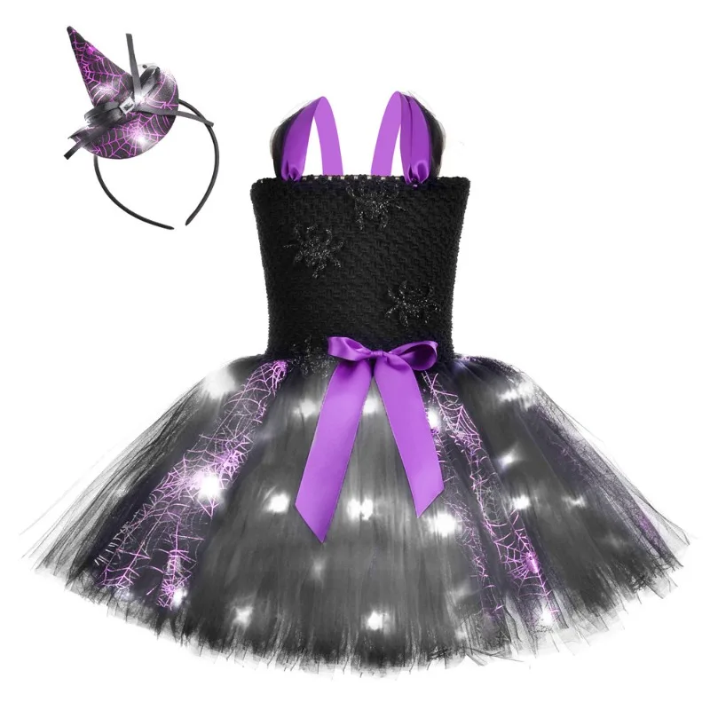 LED Light‑Up Black Spider Tutu Dress Set for Girls, Comes with Witch Hat, Gorgeous Outfit for Halloween and Carnival, Kids Dress