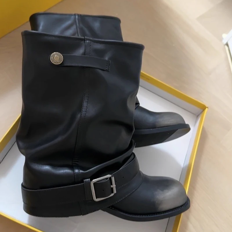 New Black Belt Buckle Ankle Boots Women Chunky Heels Stacking Pants Boots Women High Heels Shoes Woman Fashion Botas de mujer