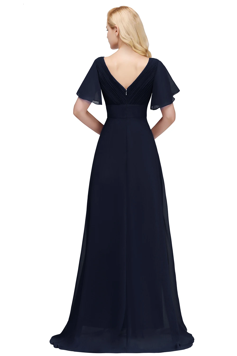 Navy Blue Evening Dresses Elegant V Neck Ruffles Chiffon Ruched Formal Party Prom Gowns Vestidos De Fiesta Wedding Bridesmaid