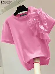 ZANZEA Women Summer Blouse Fashion Solid OL Work Shirt Elegant Short Sleeve Ruffles Shirt Casual O Neck Loose Blusas Mujer Femme