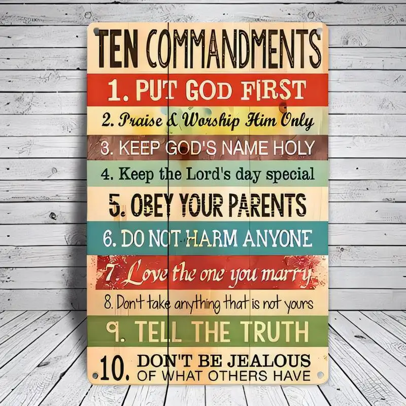 Retro Ten Commandments Metal Tin Sign - 2D Colorful Striped Religious Wall Art, Iron, Vintage Design for Home/Church/Office Deco