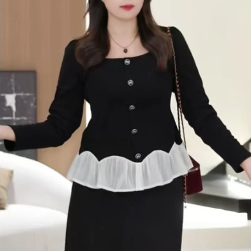 Elegant Cotton Ruffled Square Neck Top for Age Reduction 2025 Autumn and Winter