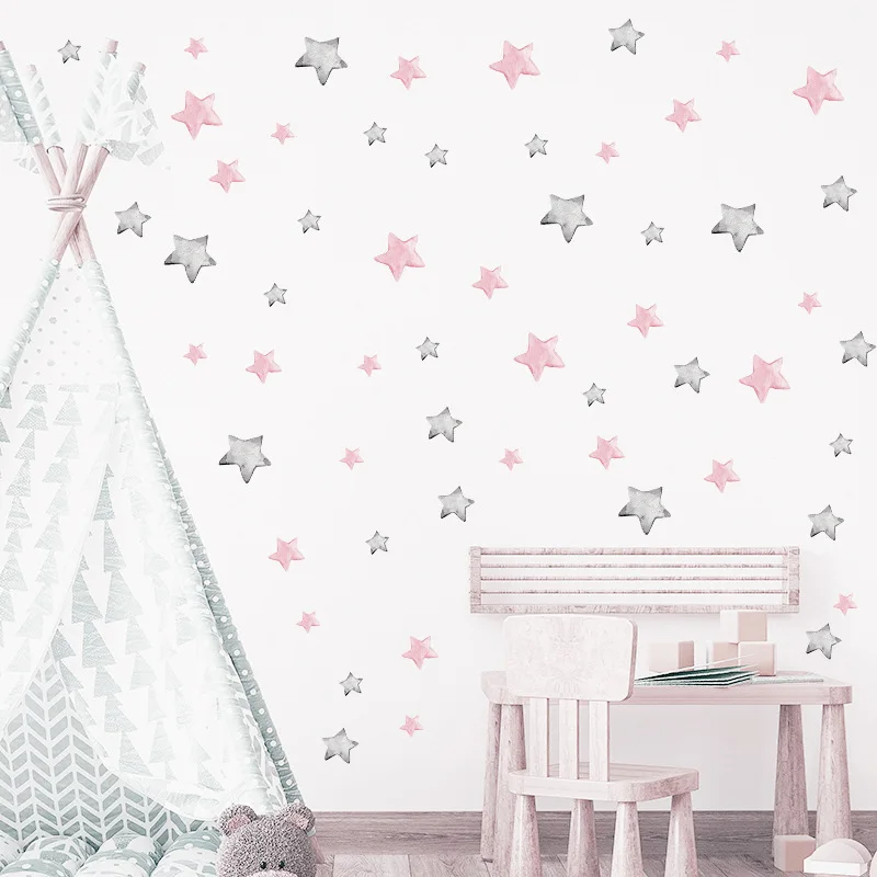 56 Hand Painted Pink Grey Stars DIY Wall Stickers Removable PVC Decals for Kids Room Girls Bedroom Nursery Decor Decoration Art