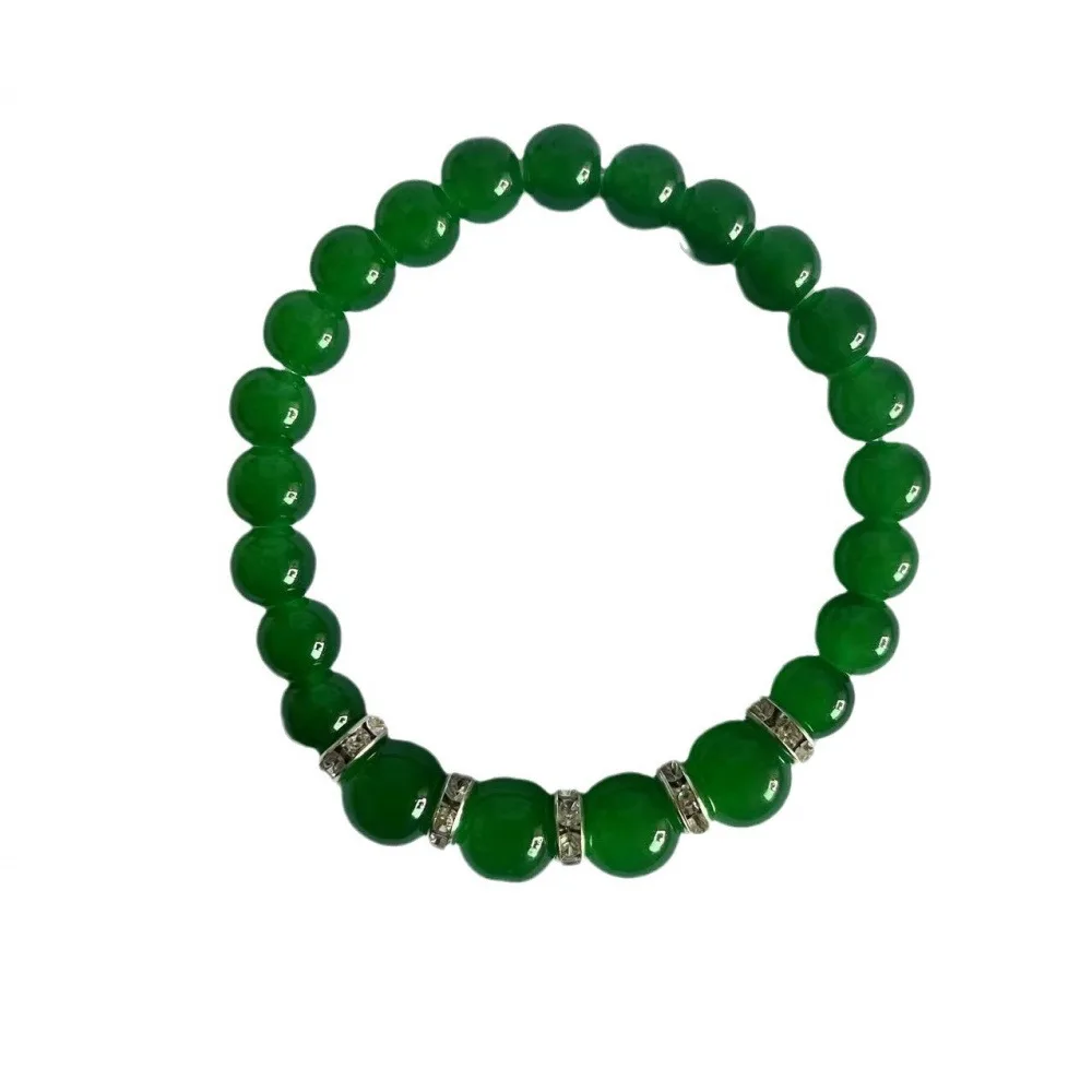 2Pcs Imitated Emerald Beaded Stretch Bracelet, Round Green Bead Bracelet with Rhinestone Spacers, Oriental Fashion Lucky Jewelry for Women