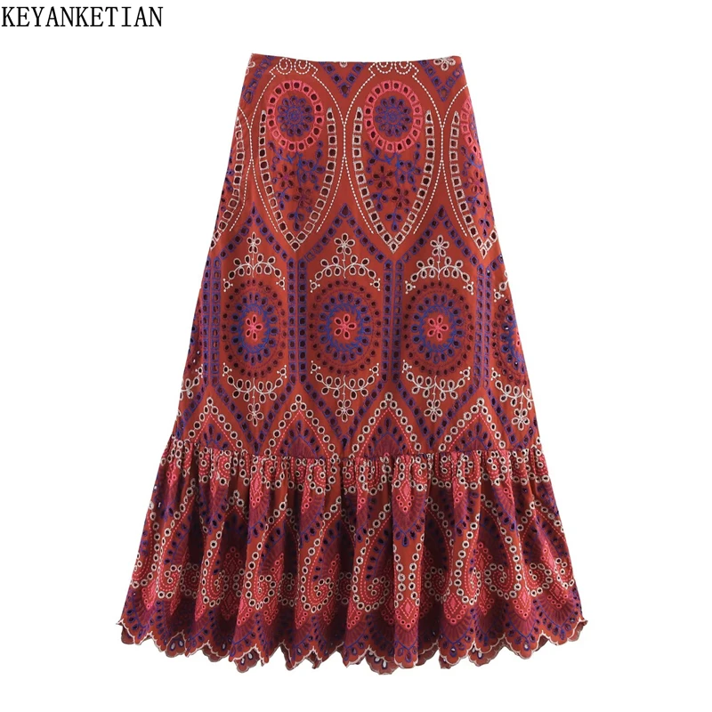 

KEYANKETIAN 2025 New Women's Contrast Color Hollow out Embroidery MIDI Skirt Holiday wind Side Zipper High Waist Fishtail Skirt