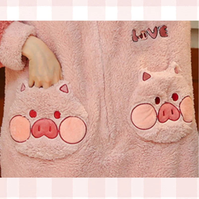 ผู้หญิงฤดูหนาว Soft Warm Hoodies Thicken ชุดนอน Sleepwear Homewear สีชมพู Onesies น่ารักสไตล์หวานสบาย