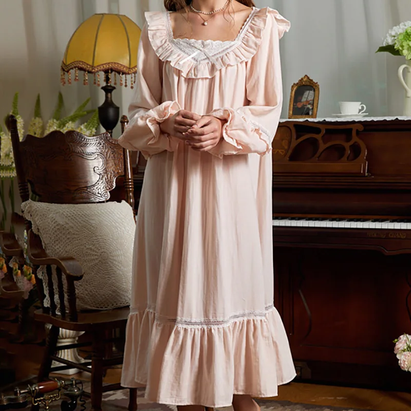 Retro Court Style 100% Cotton Gauze Sleepwear Spring Autumn Lotus Leaf Edge Hollowed Out Lace Bubble Sleeves Long Nightgown