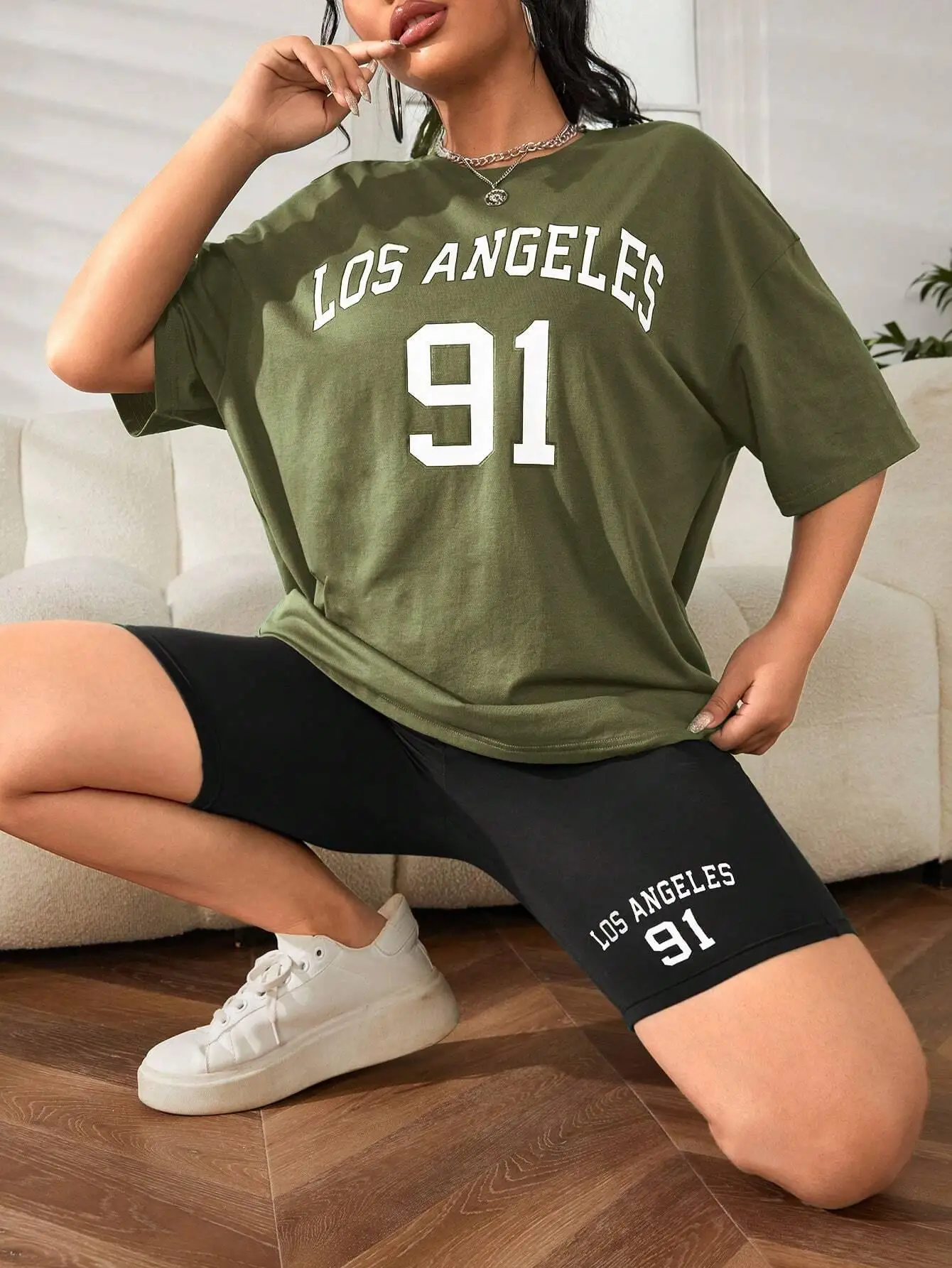 Los Angeles Jersey Number 91 Graphic T-Shirts Set Women Street Breathable 2 Piece Set Cool Casual Shorts Elasticity T Shirts