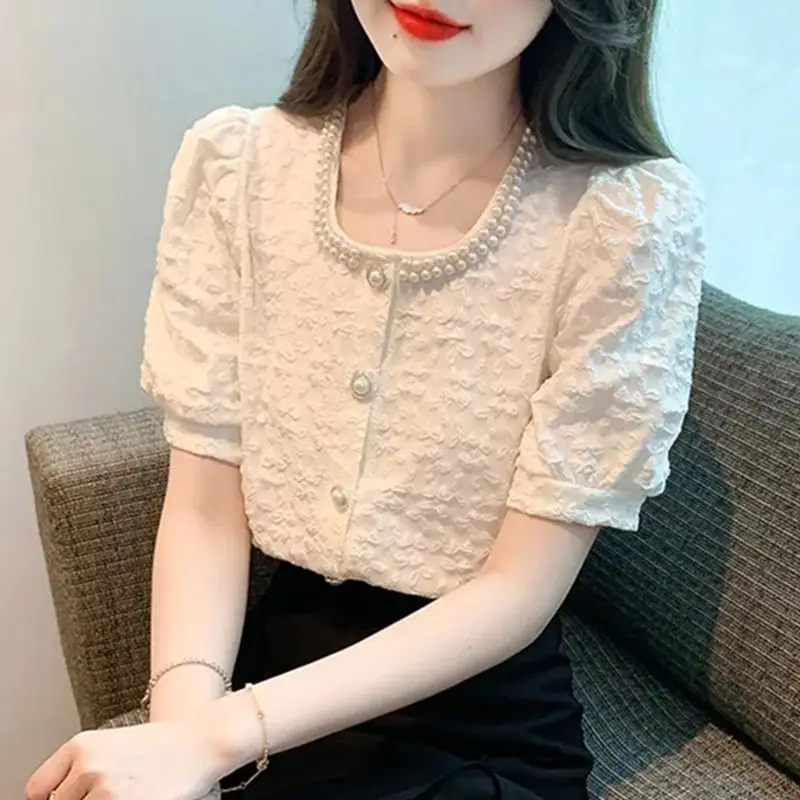 Fashion Square Collar Solid Color Beading Puff Sleeve Shirts Female Clothing 2024 Summer Loose Sweet Tops All-match Blouses