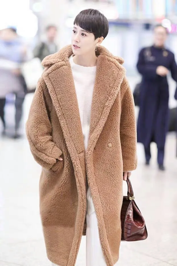 Fur All-in-One Women's Double-Breasted Lapel Faux Fur Mid-Length Grained Fur Coat