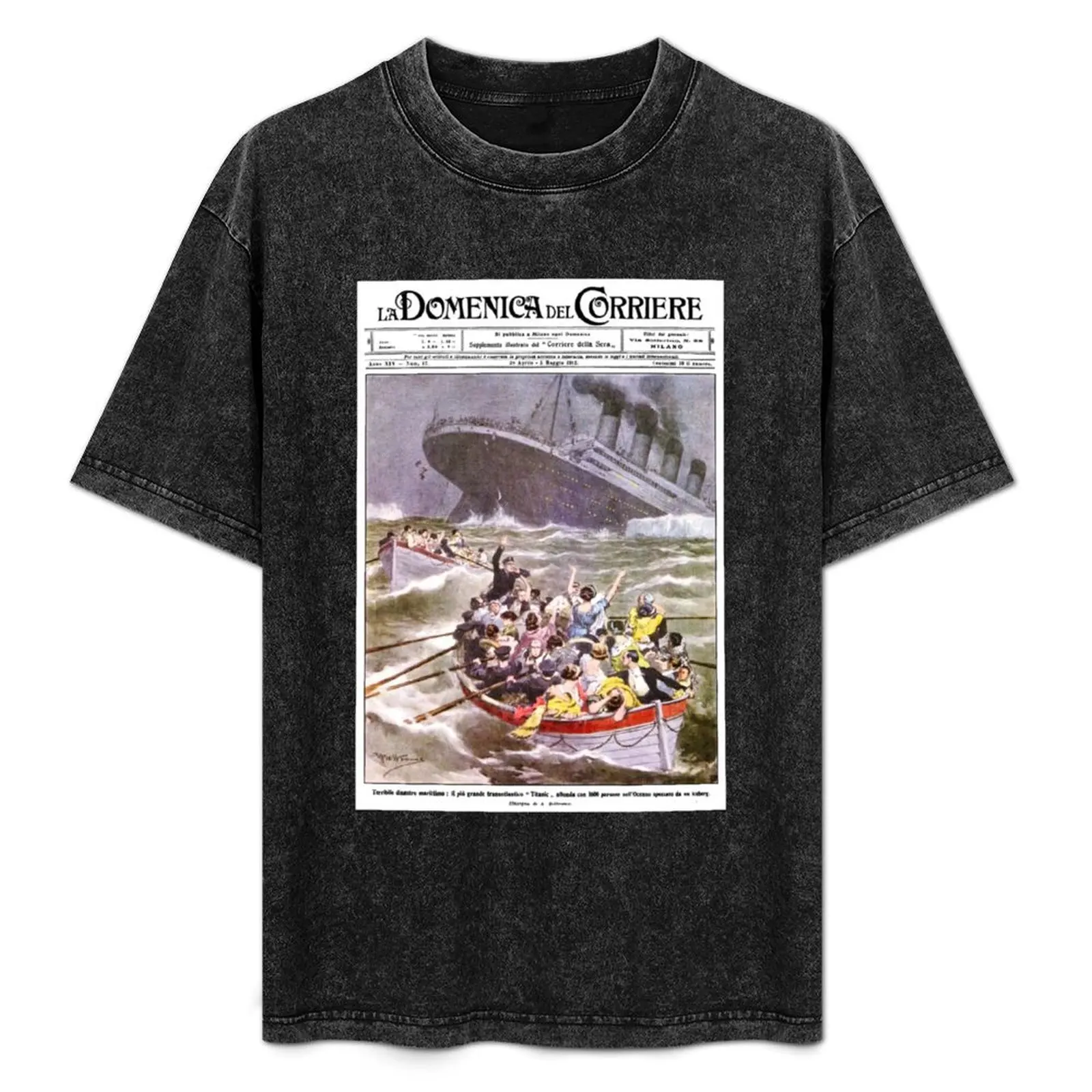 ヴィンテージ-イタリア新聞-タイタニック号沈没-tシャツ-フェスティバル-カジュアル-半袖