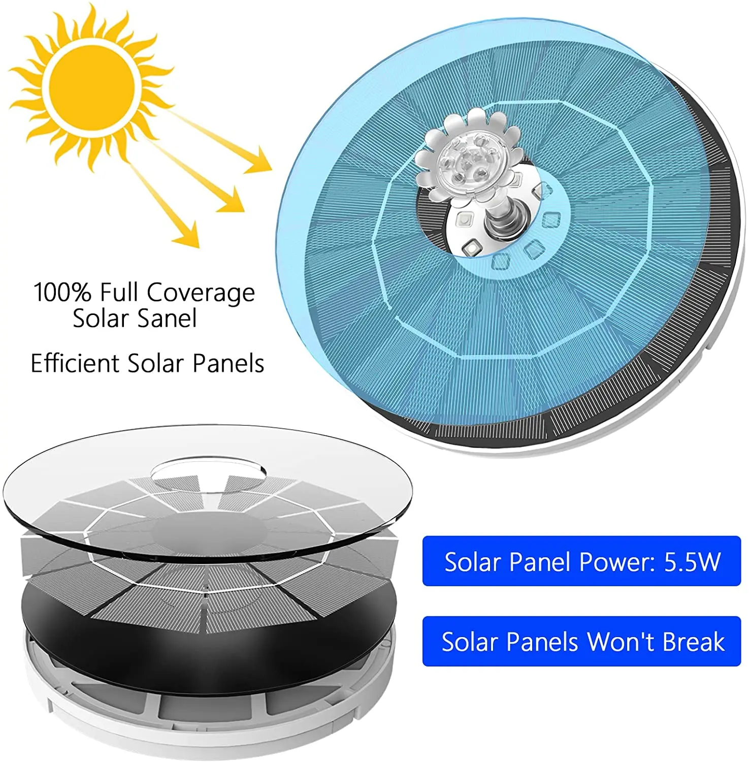 AISITIN 5,5 W LED Solar Brunnen Pumpe mit LED-Licht, neue Verbesserte 3000mAh Lagerung Batterie mit 16 Düsen Solar Vogel Bad