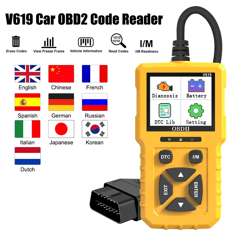 Check Engine System Multi-language Clear/Erase Codes V619 Car Diagnostic Tool Code Reader OBD2 Scanner Battery Tester