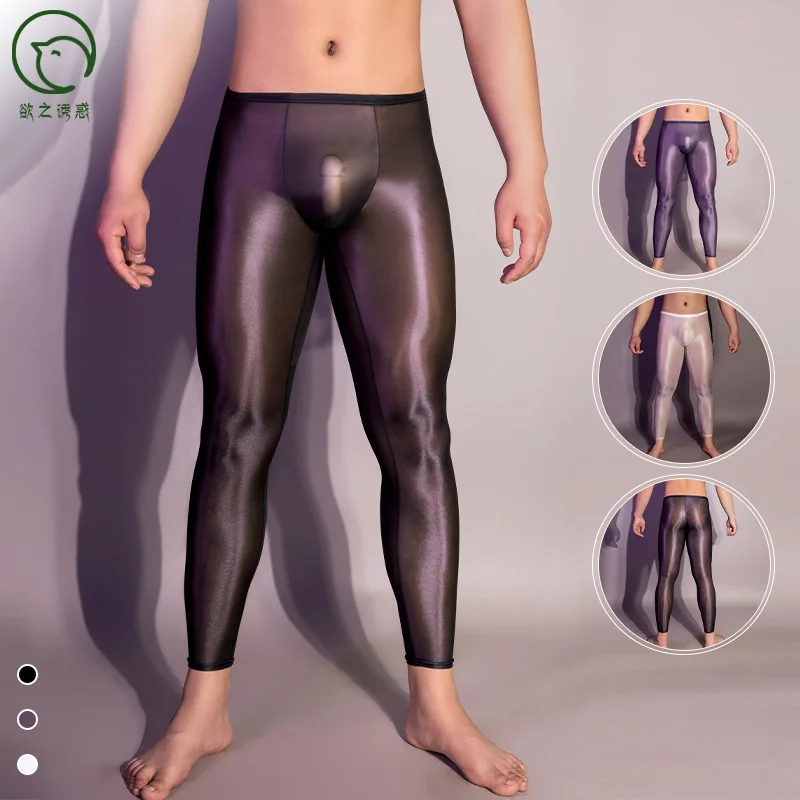 Sexy see through ultra-thin men\'s leggings long sleeping pants tight underwears