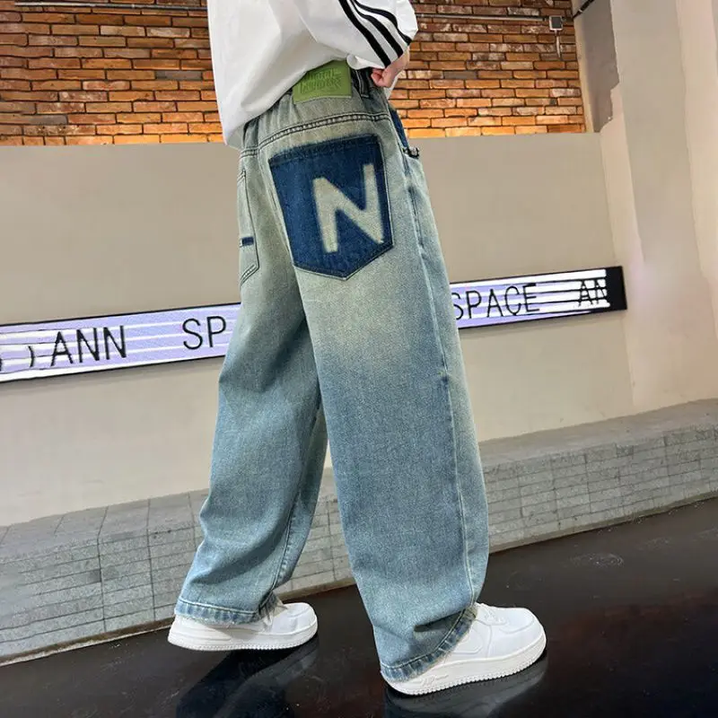 Korean Version Of Boys Street Dance Jeans Wide Leg Pants Children's Students Kid Jeans Denim Straight Leg Pants 5 7 9 11 13 15Y