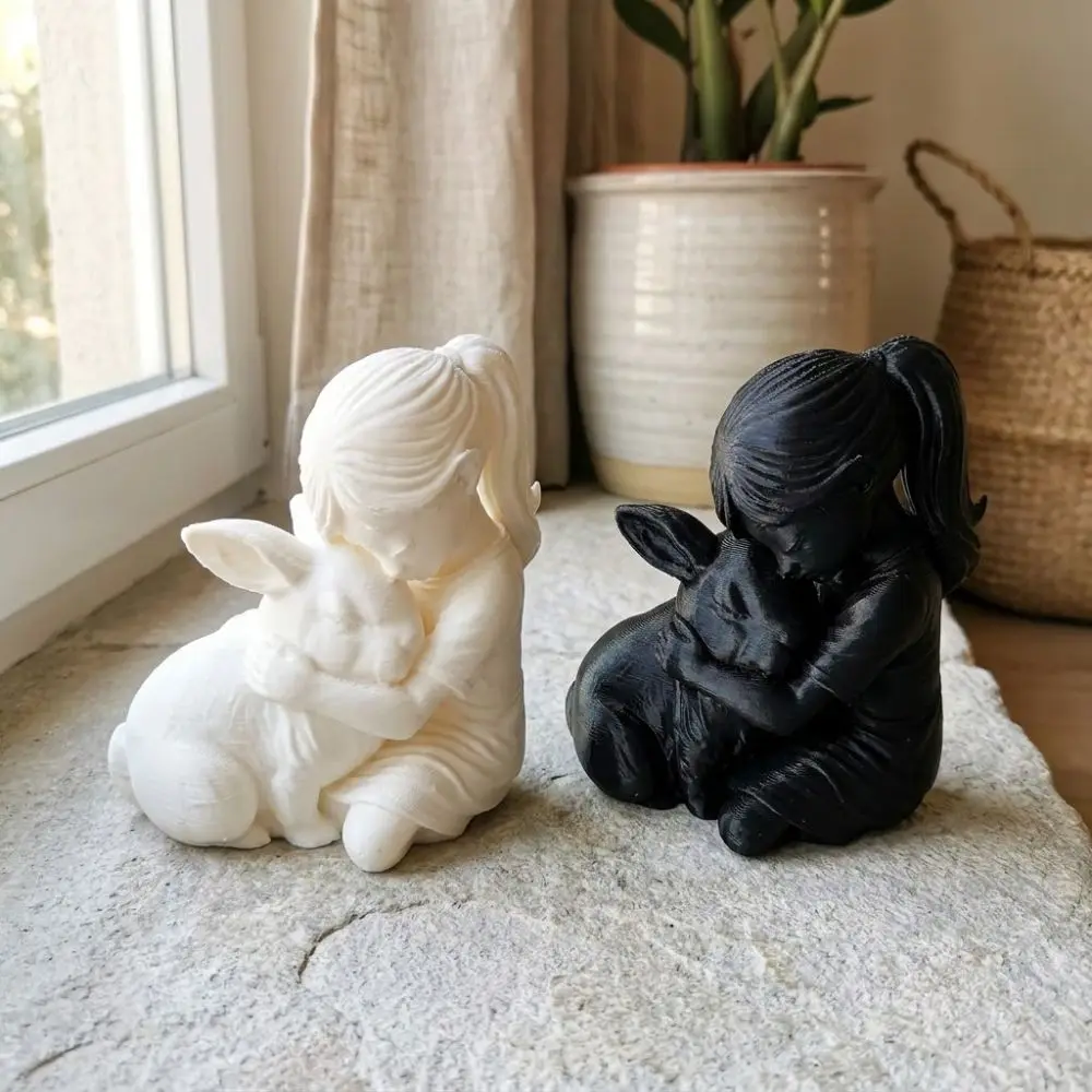 3D Printed Girl and Rabbit Sculpture Unique Modern Girl Hugs Rabbit Statue Cute Plastic Bunny Ornaments Crafts Desktop Use