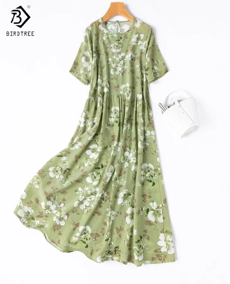 

Birdtree Women's 16MM 100% Mulberry Silk Dress,Double Crepe Printing Short Sleeve O-neck Loose Beach Dress,2025 New D55704JF