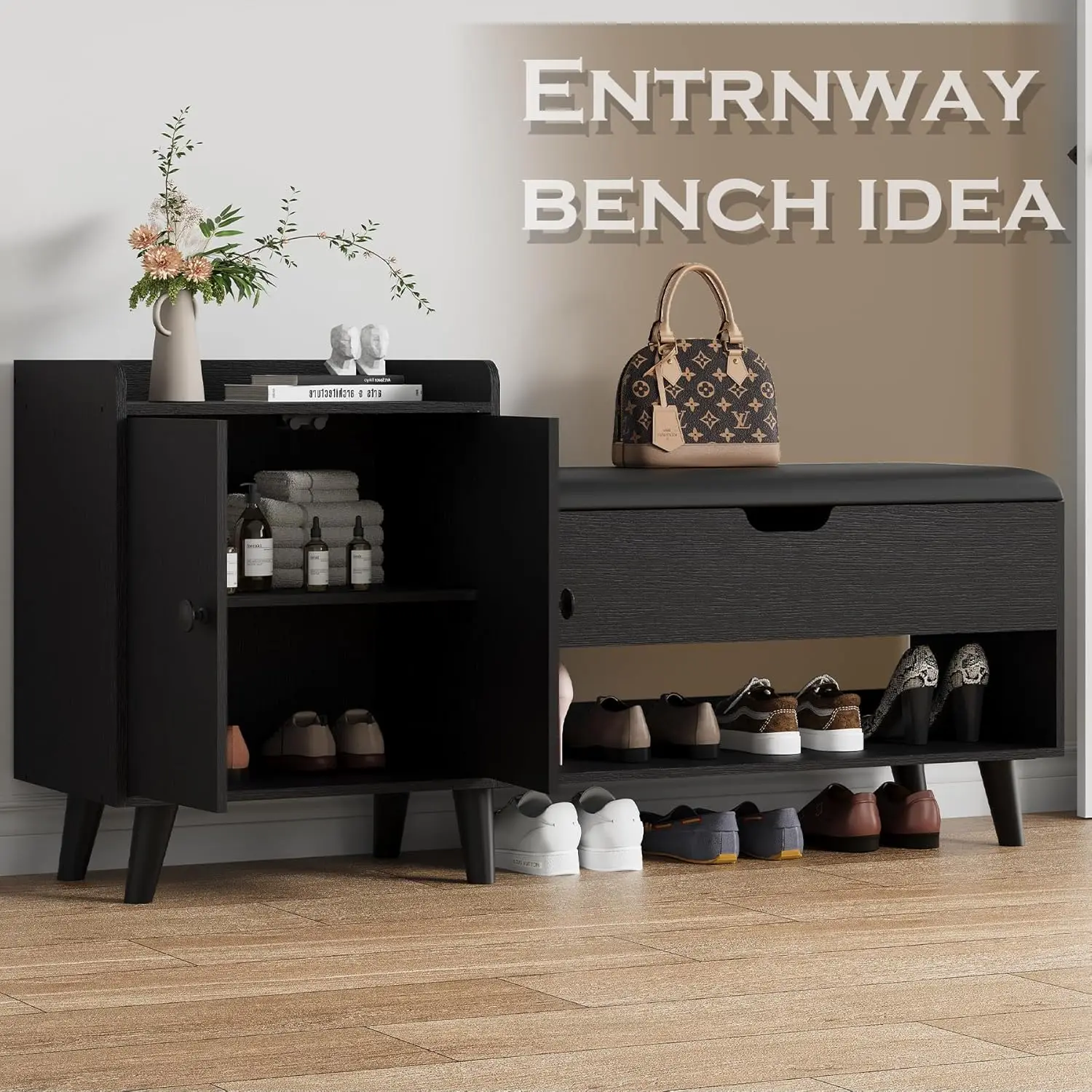 

50" Entryway Shoe Bench with Hidden Storage,Shoe Organizer Storage Bench with Shelf and Cabinet Entryway Bench