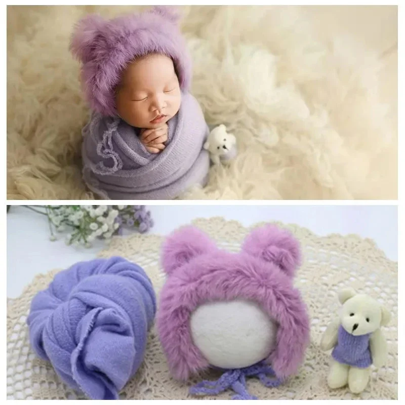 3pcs/Set Newborn Photography Props Wrap Bear Doll Hat Baby Photo Shoot Booth Knitted Blanket Swaddling Filling Basket Accessorie