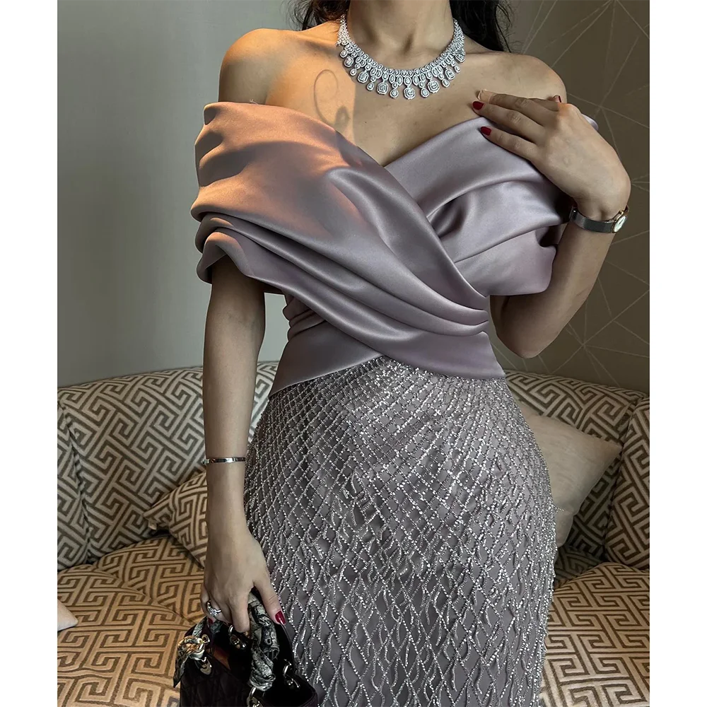 Op maat gemaakte off-the-shoulder lange avondjurken Elegante formele gelegenheid galajurken Kralen 2025, enkellange galajurken