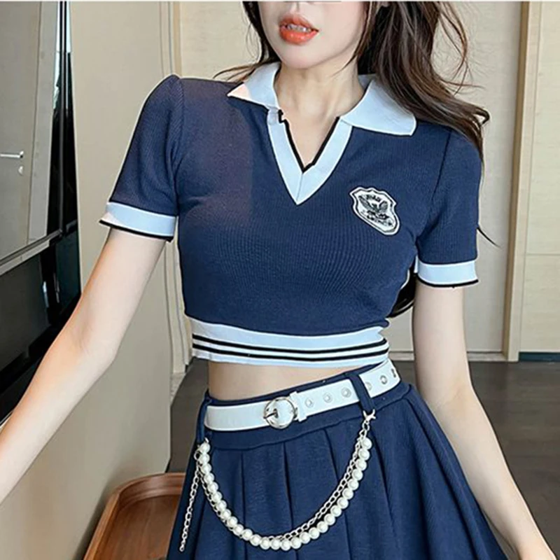 Korean V-Neck Knit Shirt Women Tennis Pretty Style Cheerleader Cropped Tops Fashion Summer Patchwork Turn-Down Collar Tees