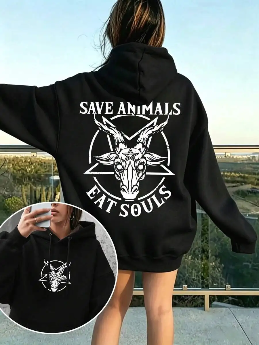 Women's Fall & Winter Graphic Print Hoodie, Save Animals Eat Fleece-Lined Pumpkin Patch Outfits, Daily Hooded Top