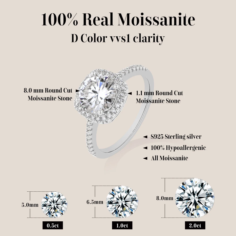 Mintybox Round Cut 2.0CT Moissanite Rings for Women S925 Sterling Silver Halo Pave Band Classic Engagement Wedding Ring Jewelry