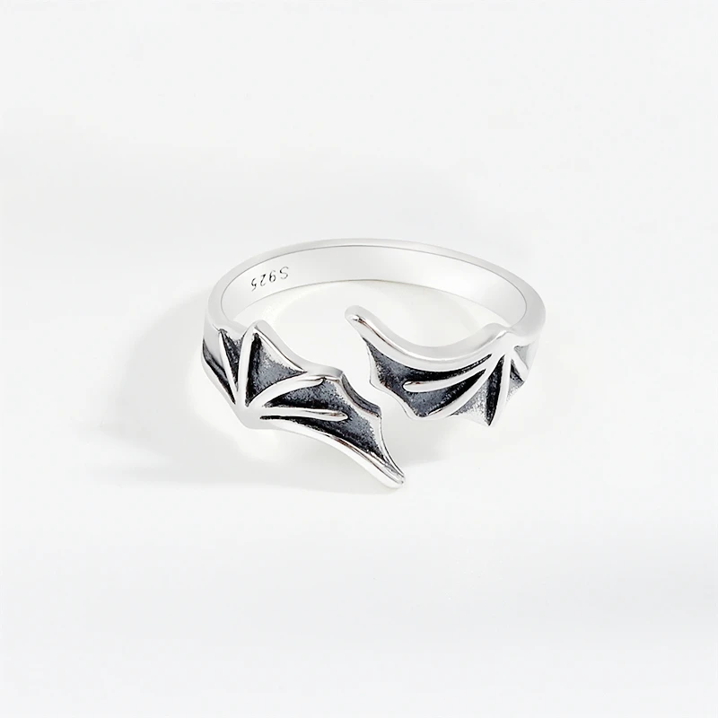 Bague d'ouverture en argent regardé 925 pour femme, ailes de chauve-souris démon rétro, mémoire unique, rebrodée, RI993
