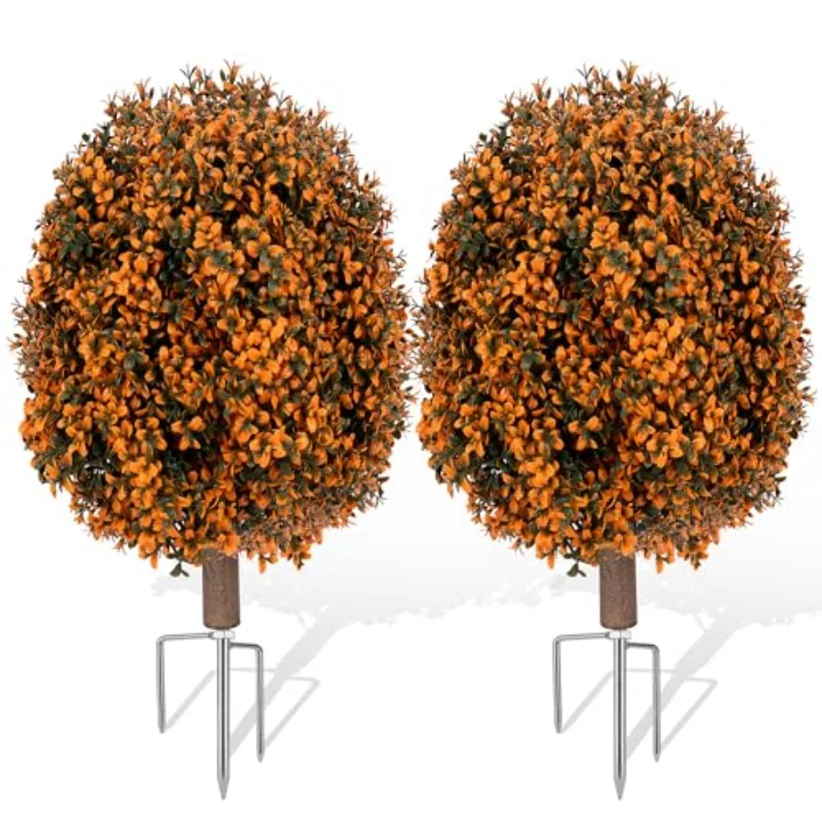 Fall Halloween decoration: burnt orange artificial boxwood topiary, UV-resistant ball bush shrubs, 27 fake trees with ground sp