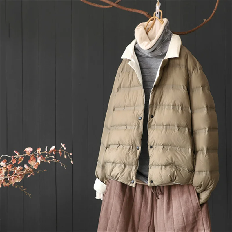Abrigo cálido de dos caras para mujer, chaqueta de plumón de pato blanca, ligera y fina, parka corta de talla grande, prendas de vestir, otoño e