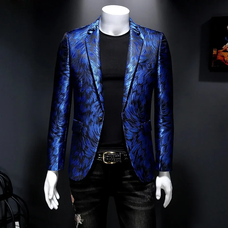 

Plus Size 6XL-M Luxury Men Jacquard Slim Fit Blazer Stage Performance Metal Gold Yarn Casual Suit Jacket Formal Costumes