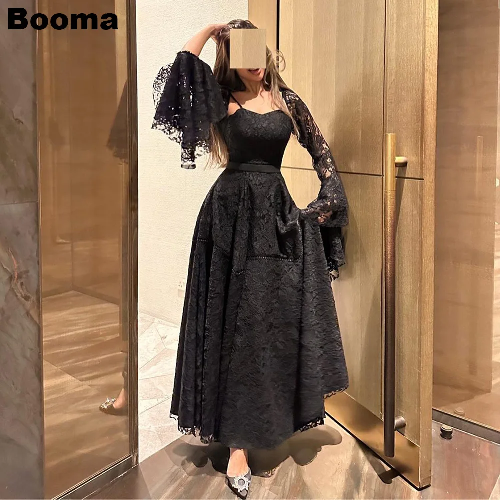 

Booma Black Evening Dresses Long Flare Sleeves Lace Formal Occasion Party Dresses A Line Ankle Length Prom Gowns for Women 2023