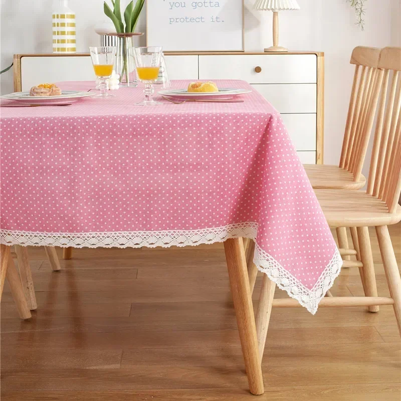 

Terylene cotton small white dot lace tablecloth coffee cloth cover towel skyblue