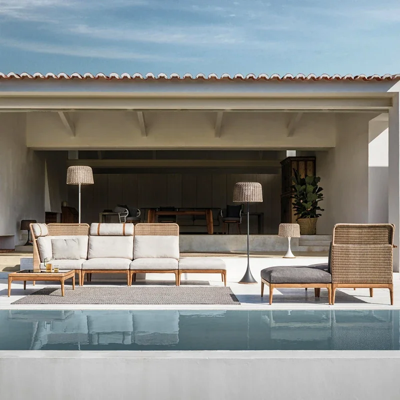 Outdoor Rattan Sofa Solid Wood Courtyard Villa Garden Rain-proof and Sun-proof Leisure Furniture