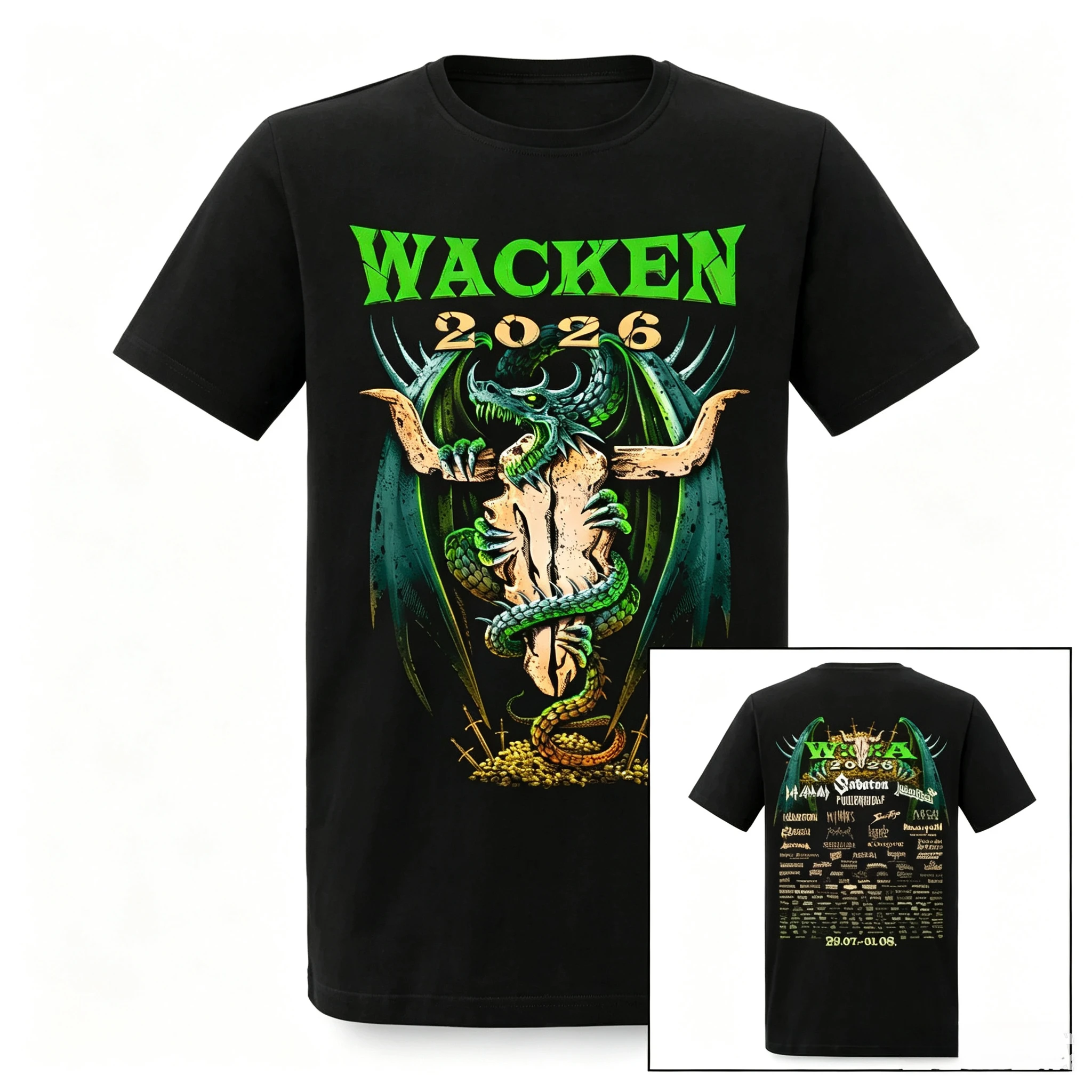 Wacken Open Air 2026 Full Lineup T-Shirt Double Sided Bull Skull Back Print Heavy Metal Festival Unisex Short Sleeve Tee