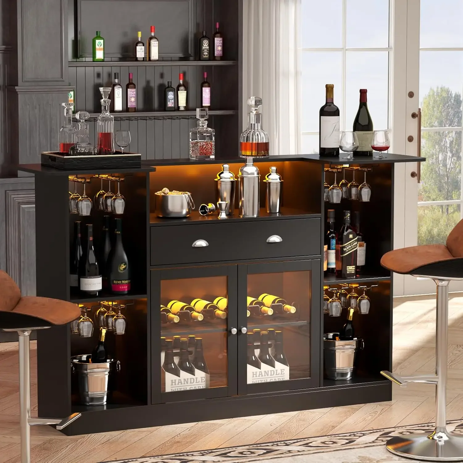 Armário de mesa de bar com LED e gaveta, mini barra de bebidas com armazenamento de 8 camadas e suporte para taças, suporte para barra de álcool para vinho com G
