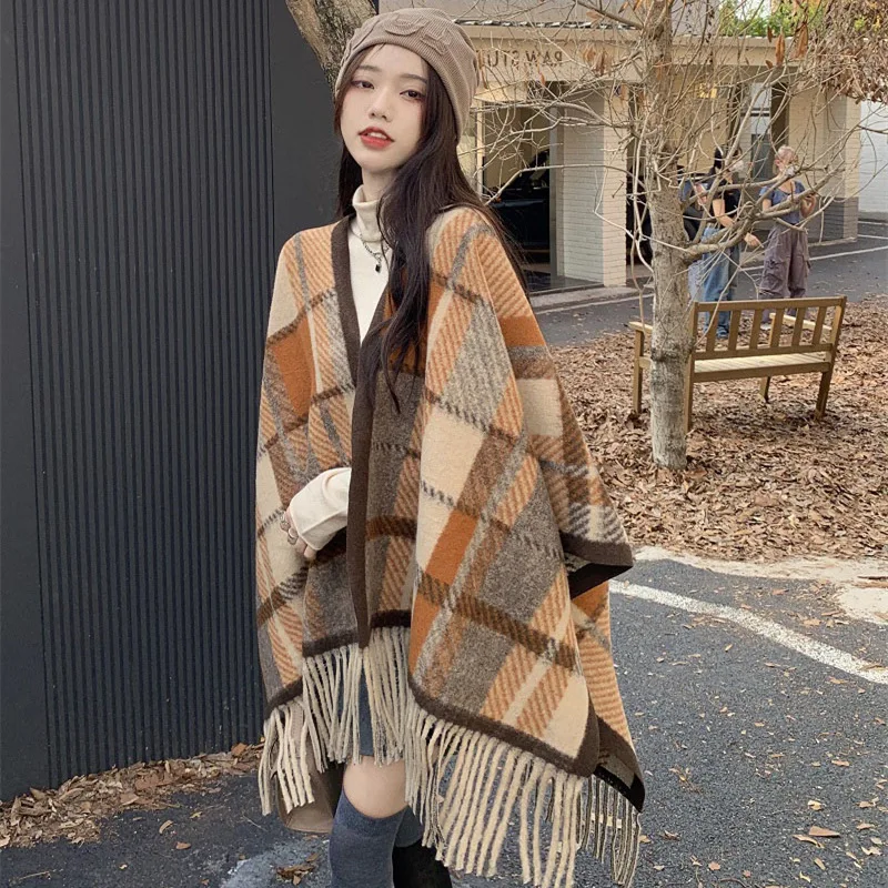 13 Colors Korea Women Oversize Plaid Printed Winter Poncho Faux Woolen Air Conditioning Capes Long Thick Vintage Shawl Blanket