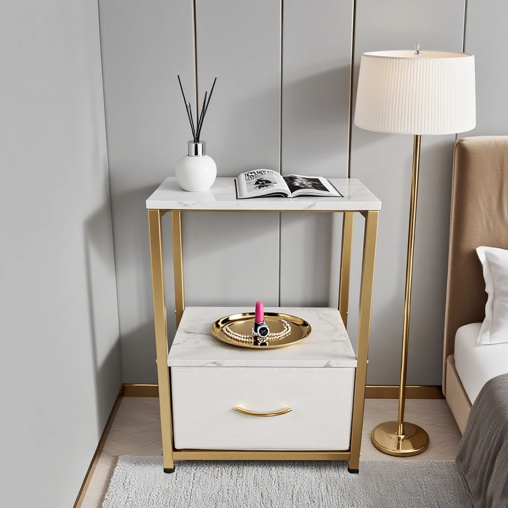 

Luxury White Nightstand Gold Table Night Stand for Bedroom Elegant Furniture Side Table with Drawer