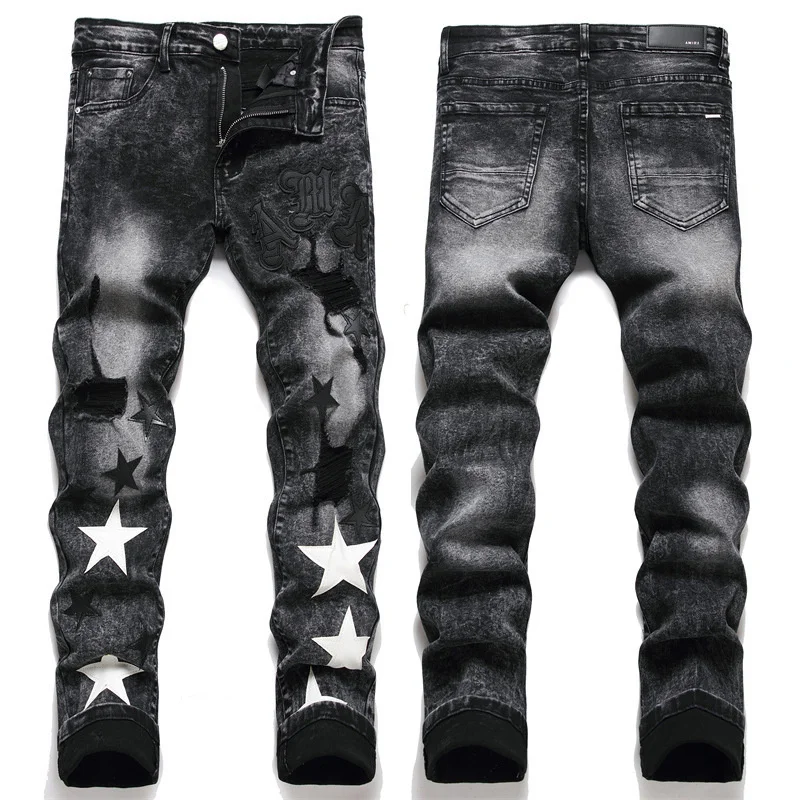 Slim Fit Elastic Black Cotton Embroidered Leather Label With Broken Hole Star Fashion Men's Jeans 2025