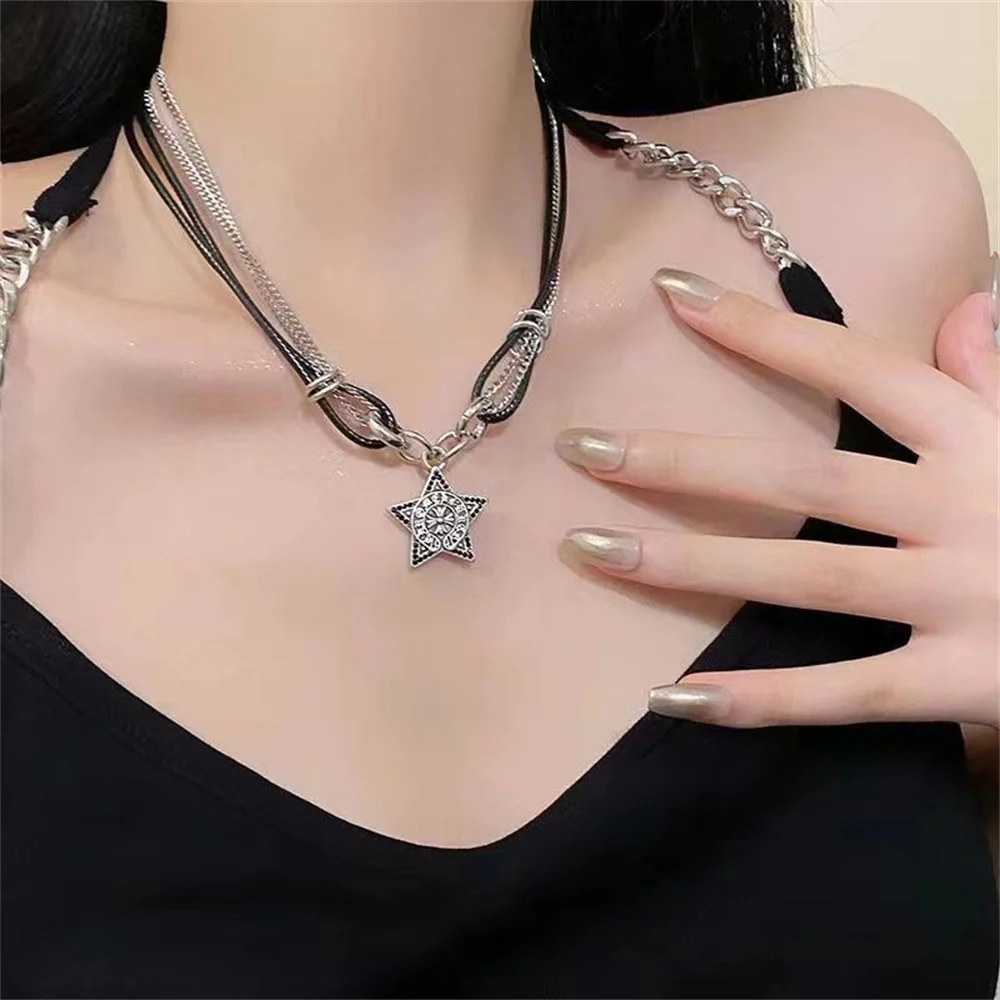 2024 Collar único con colgante de estrella, collar de estilo Punk, cadena larga de suéter de cuero Pu