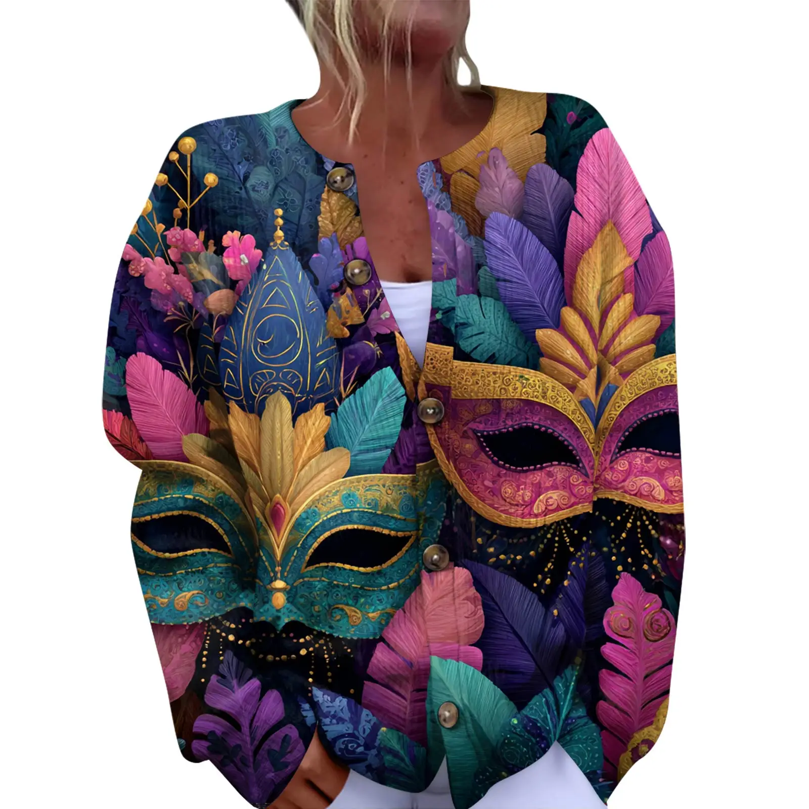 여성 패션 페스티벌 프린트 긴소매 니트 가디건 버튼 프론트 자켓 여성 코트 여성 겨울용