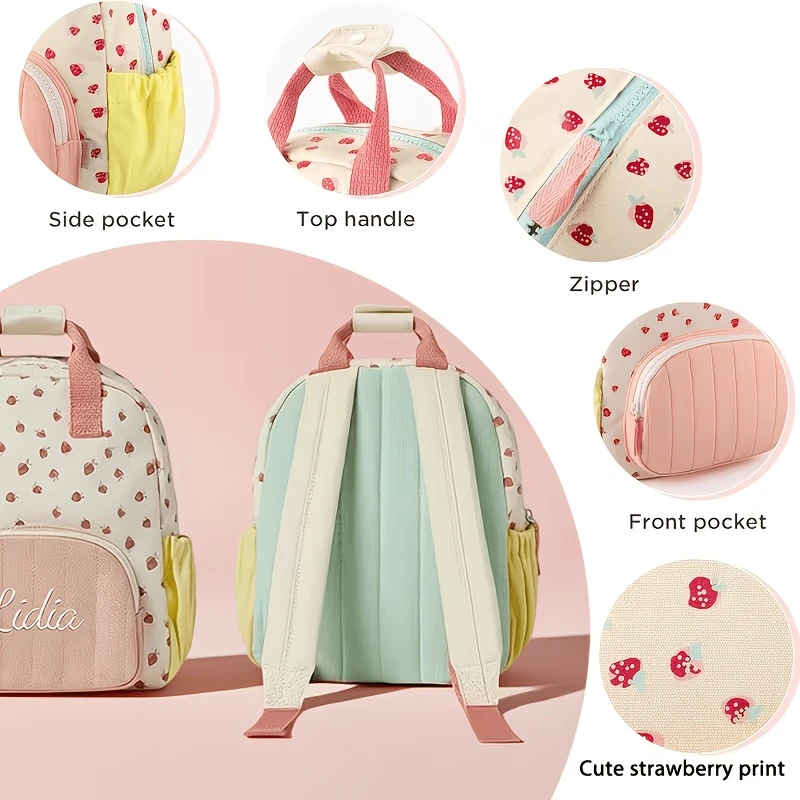 Personalisierte, modische, süße Erdbeer-Rucksacktasche aus Canvas mit besticktem Namen für Kleinkinder, personalisiertes Geschenk für Mädchen zum Schulbeginn – Detail 10