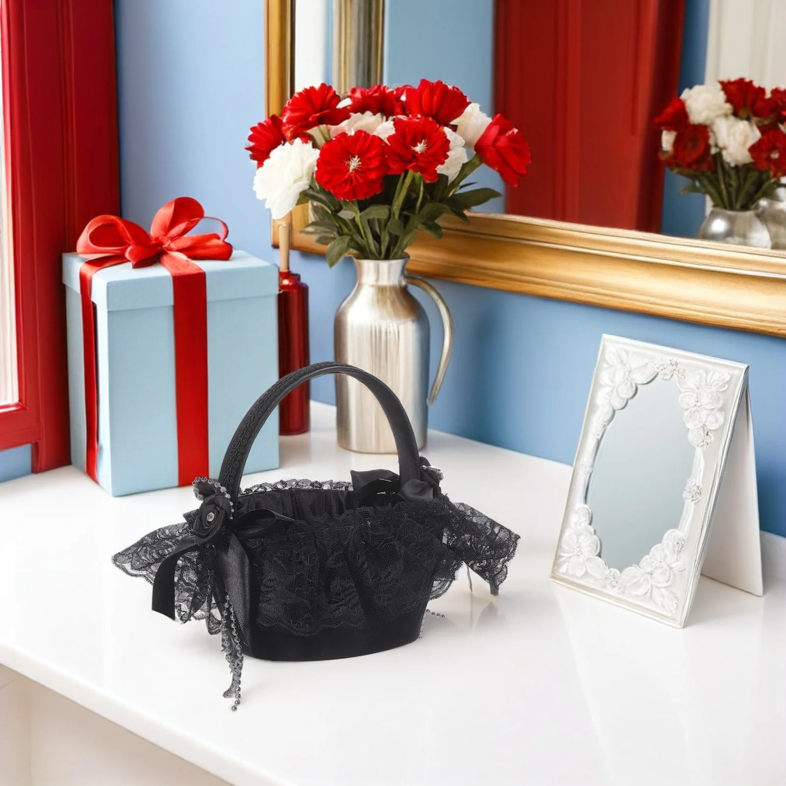 سلة زهور الزفاف، حامل بتلات مصنوع يدويًا باللون الأسود خفيف الوزن لحفلات الزفاف، قصاصات رمي صغيرة محمولة