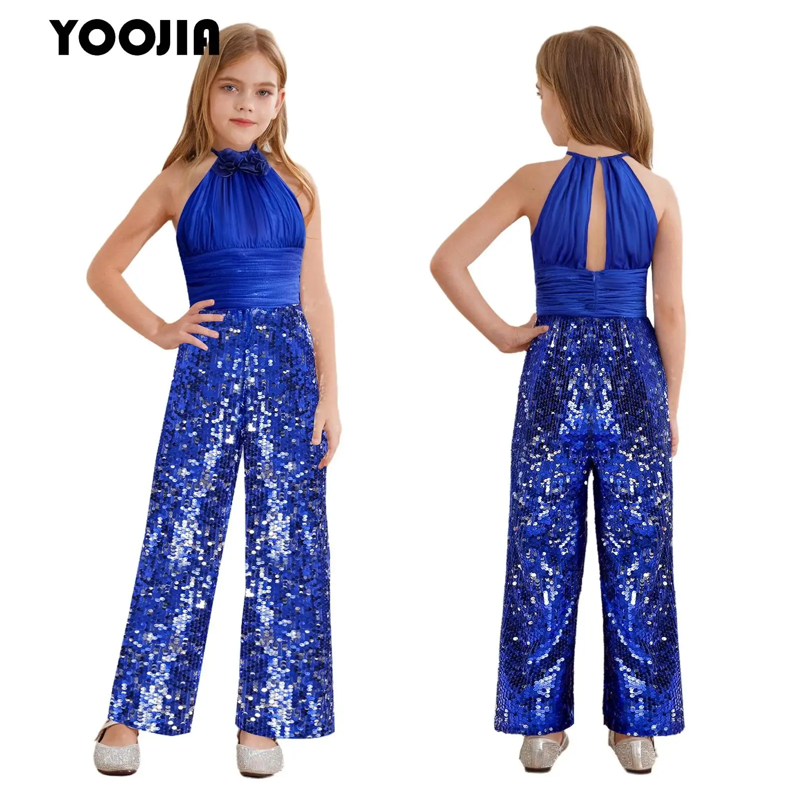 

Kids Girl Sequin Jumpsuit Halter 3D Flowers High Waist Straight Mesh Pleats Long Pants Rompers One-Piece Cocktails Evenings Suit