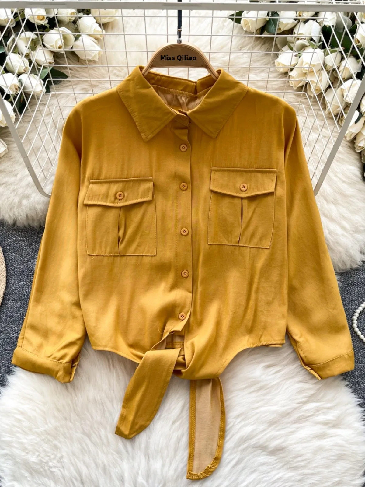 

Retro British Style Women's Shirt Three-Quarter Sleeve Tie Design Summer Short Luxury Lady Elegant Top Korean Loose Fit