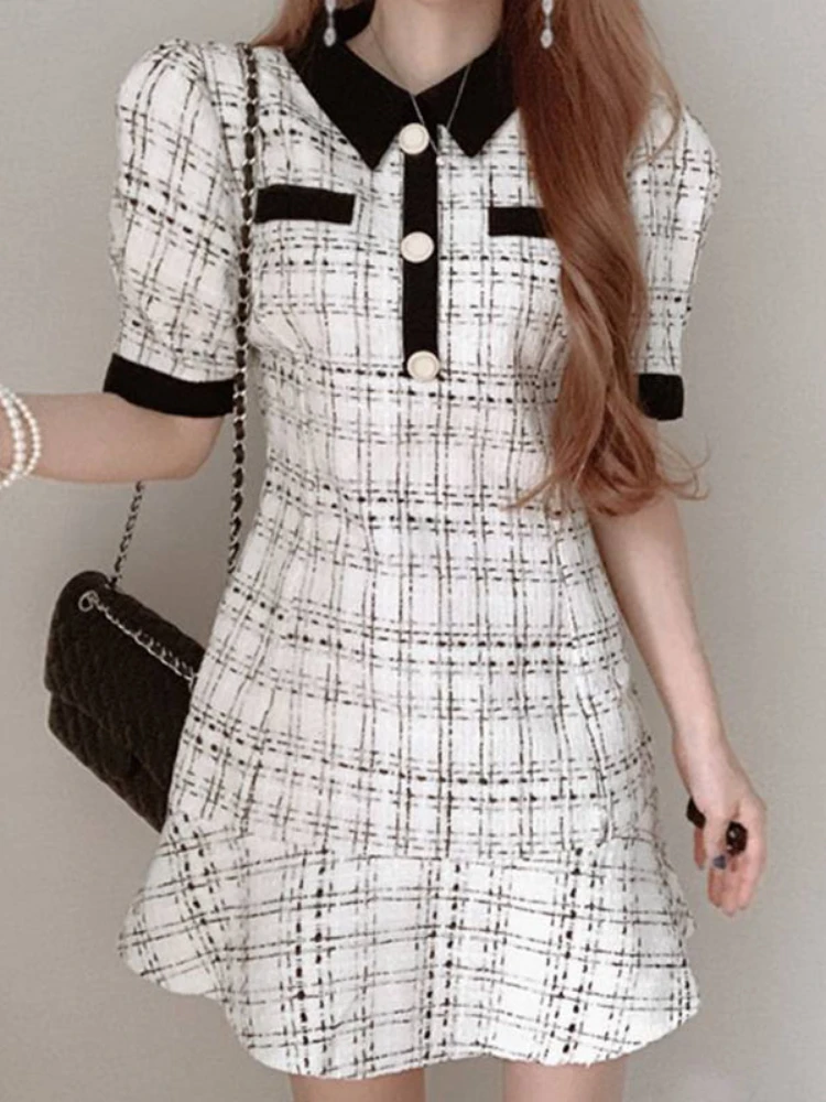 OCEANLOVE Spring Summer Women Dresses Plaid Vintage Korean Chic Office Lady Vestidos Ruffles Short Sleeve Elegant Mini Dress